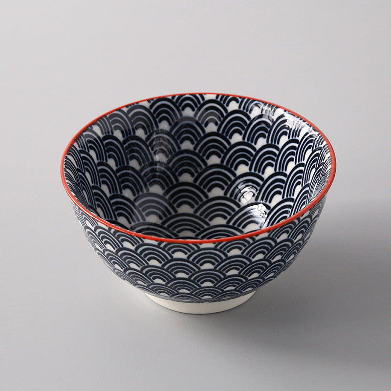 5-Inch Japanese Glazed Ceramic Threaded Rice Bowl