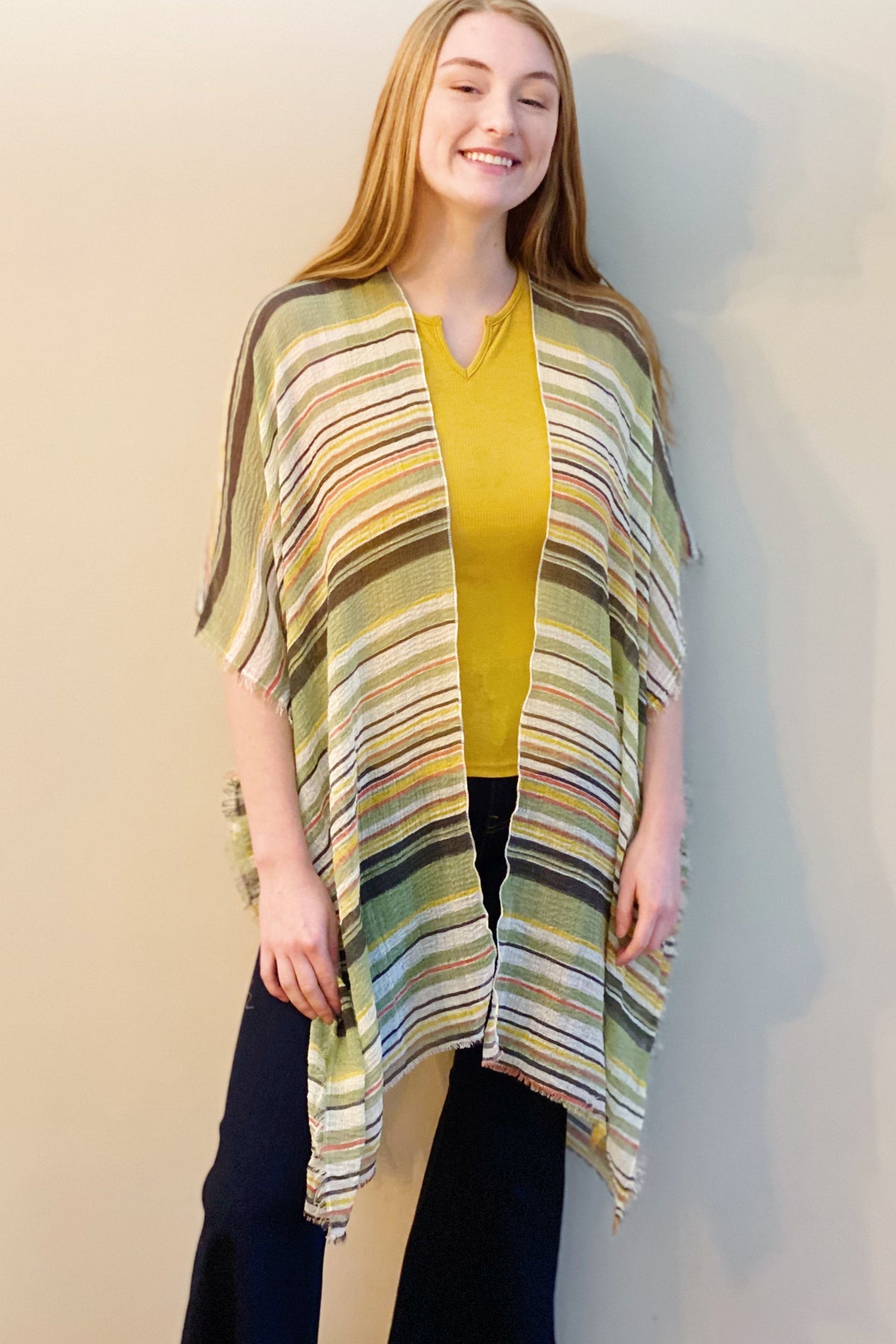 Multi Stripe Open Kimono - Lightweight Sheer Woven Fabric