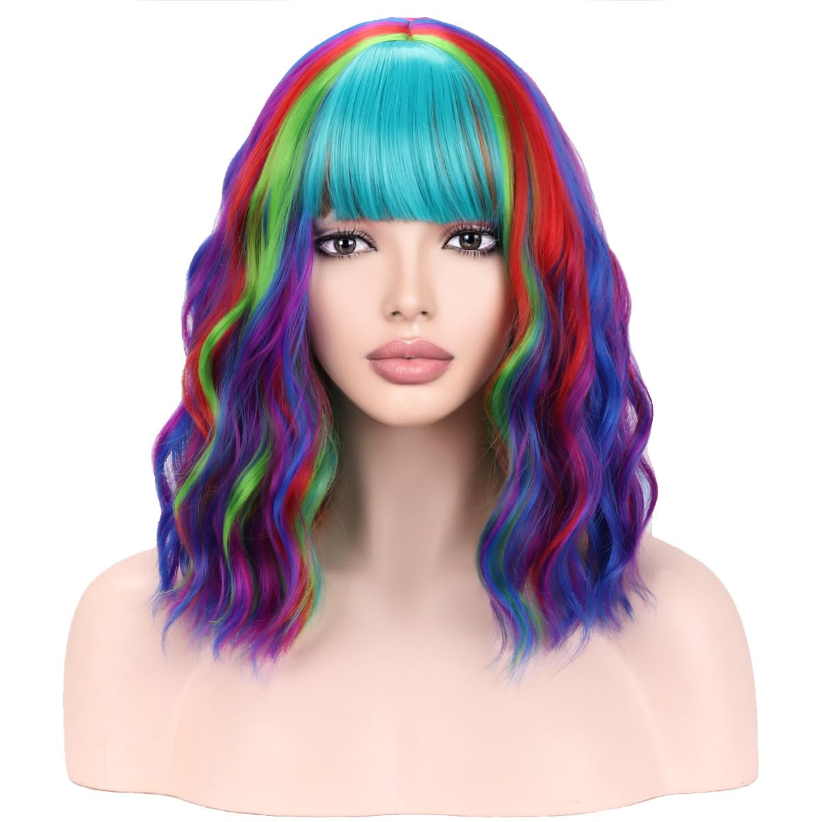 Rainbow Curly Wig with Bangs - Heat-Resistant, Cap Included