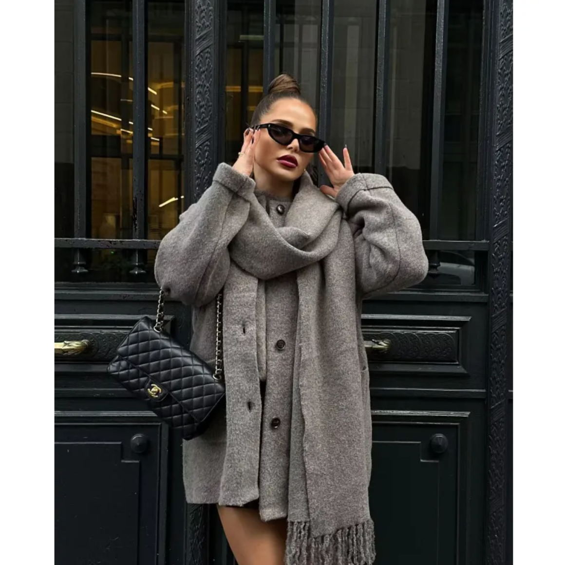 Hooded Cape Coat with Scarf - Cozy Knit Layering Piece