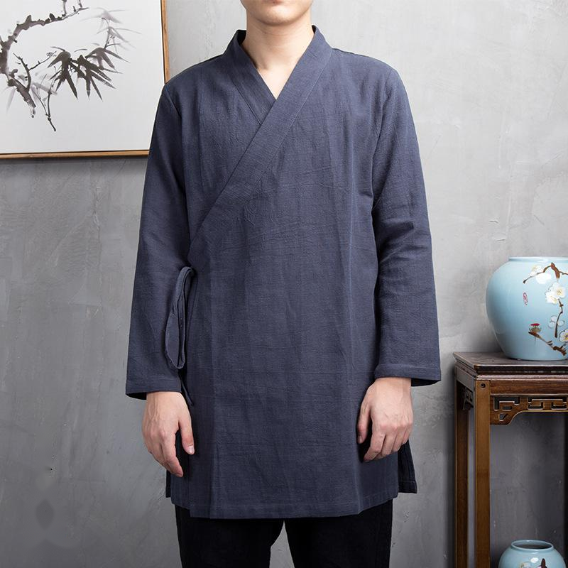 Mid-Length Hanfu Kimono for Men - Linen Temple & Casual Wear