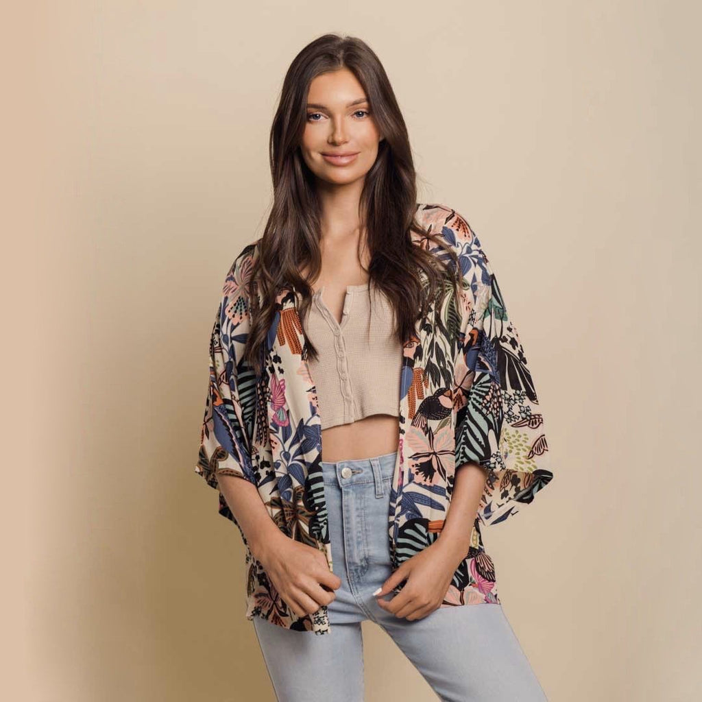 Tropical Print Kimono Cover-Up - Lightweight Open Front