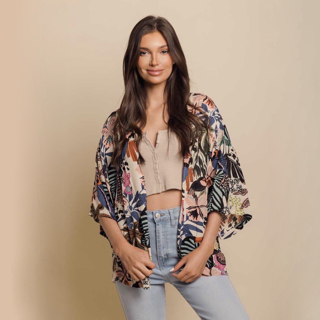 Tropical Print Kimono Cover-Up - Lightweight Open Front