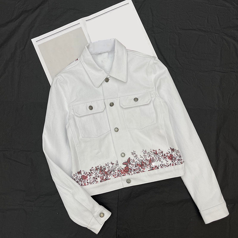 Embroidered Butterfly Pattern Denim Jacket, High Quality - front view