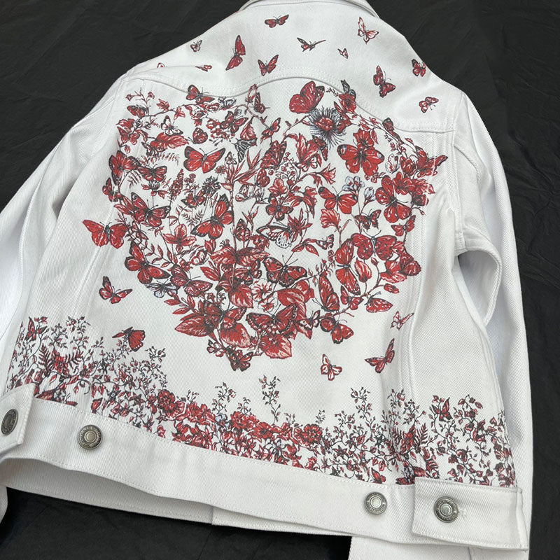 Embroidered Butterfly Pattern Denim Jacket, High Quality - side view