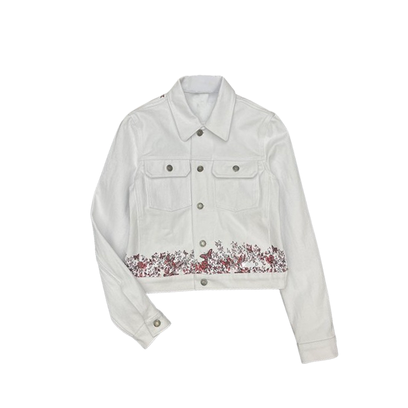 Embroidered Butterfly Pattern Denim Jacket, High Quality - alternate angle