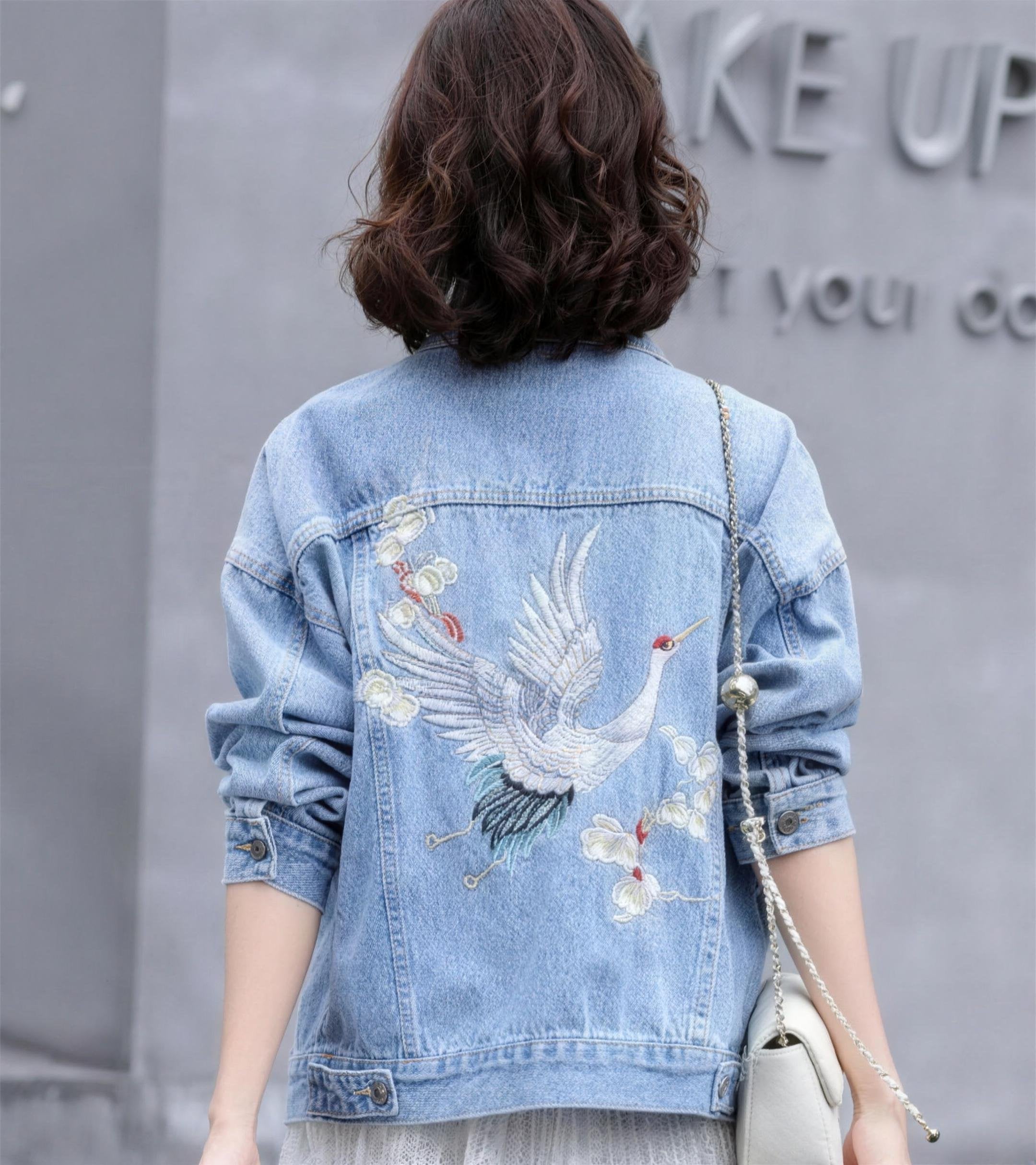 Embroidered Crane Short Denim Jacket - front view