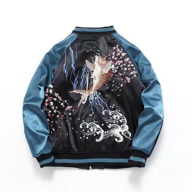 Embroidered Koi Short Baseball Jacket - front view