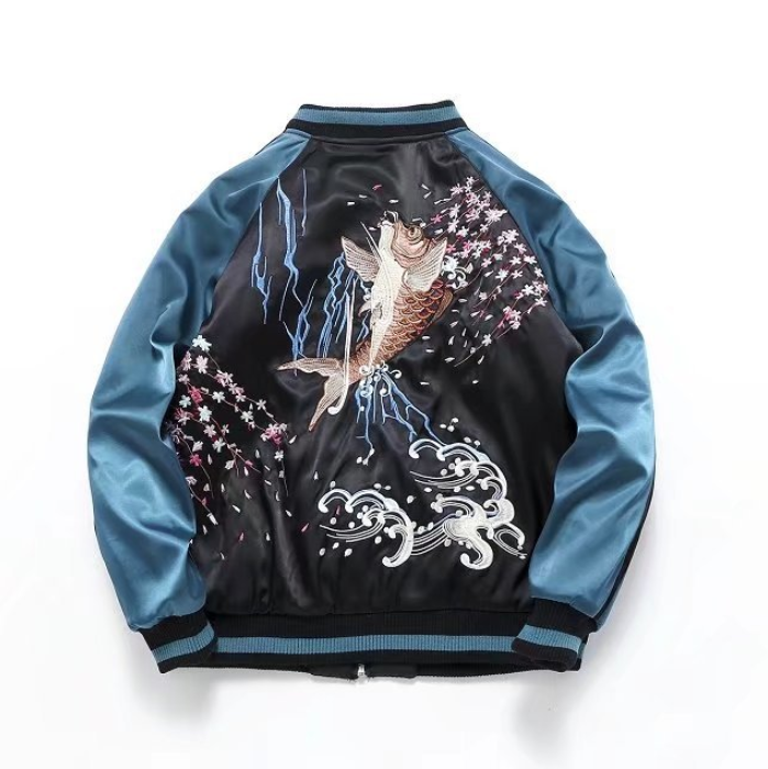 Embroidered Koi Short Baseball Jacket - side view