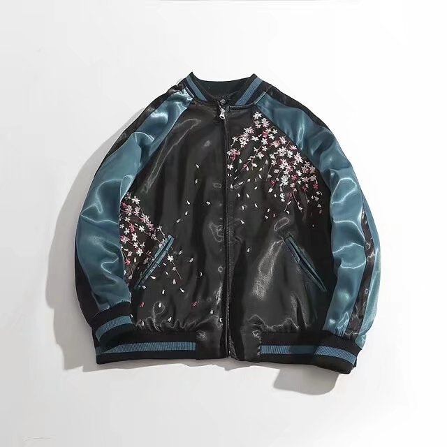 Embroidered Koi Short Baseball Jacket - styled view