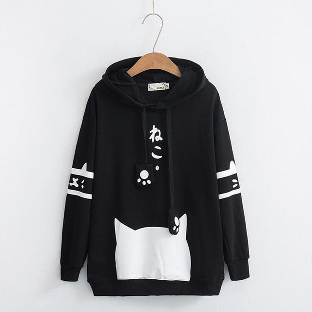 Harajuku Kawaii Cat Ear Hoodie - Pullover With Paw Details