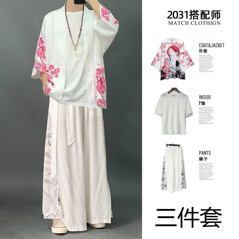Japanese Kimono Jacket - Three-Quarter Sleeve, Stripe Pattern