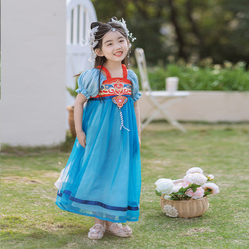 Girls' Hanfu Princess Dress - Modern Summer Polyester Style
