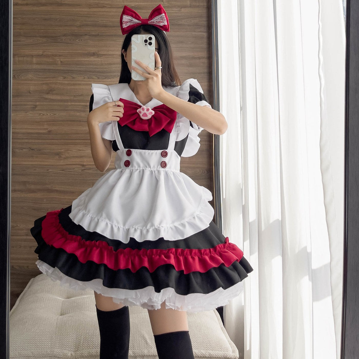 Gothic Lolita Black and Red Maid Cosplay Costume - front view