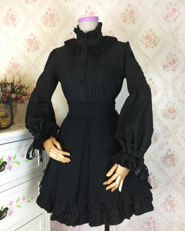 Gothic Vintage Lolita Dress with Lace Blouse and Sleeves - styled view