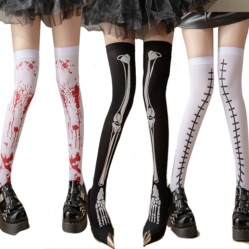 Halloween Christmas Party Blood Print Thigh High Socks - front view