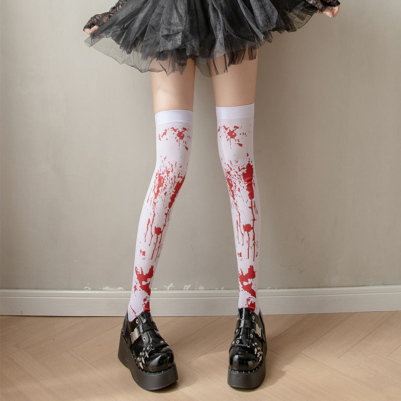 Halloween Christmas Party Blood Print Thigh High Socks - packaging view