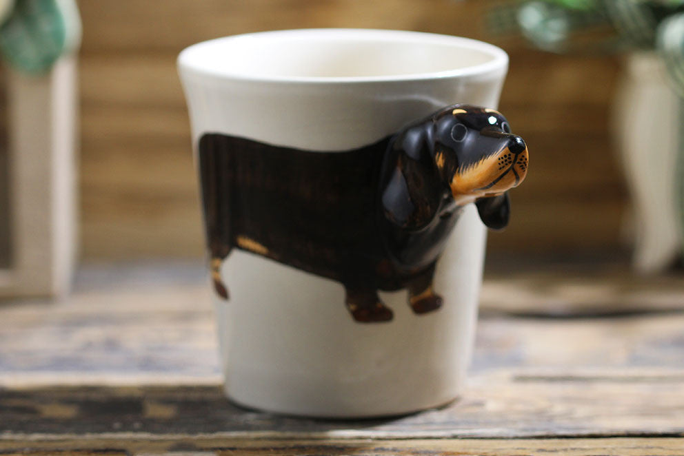 Hand-Painted Thai Dachshund Ceramic Mug (Cartoon Design) - front view