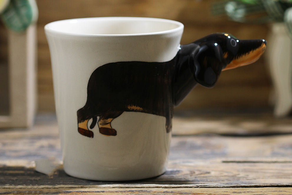 Hand-Painted Thai Dachshund Ceramic Mug (Cartoon Design) - detail view
