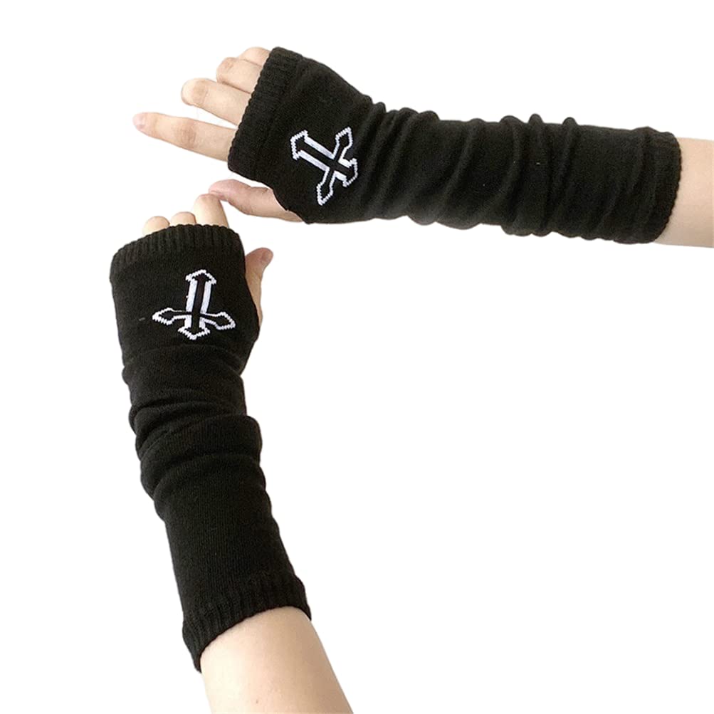 HeiBai Xiong Goth Knitted Arm Warmers Punk Skateboard Gloves Fingerless Japanese Harajuku - front view