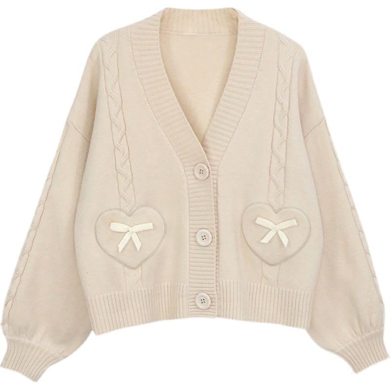 Japan Harajuku Kawaii Pink Knitted Cardigan Womens V-Neck Sweater Cute Bow Heart Korean JK - detail view