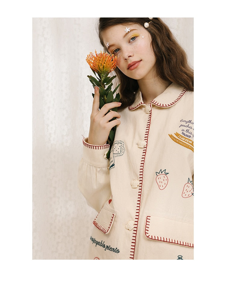Japanese Strawberry Cat Embroidered Double Pocket Jacket - front view
