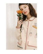 Japanese Strawberry Cat Embroidered Double Pocket Jacket - front view