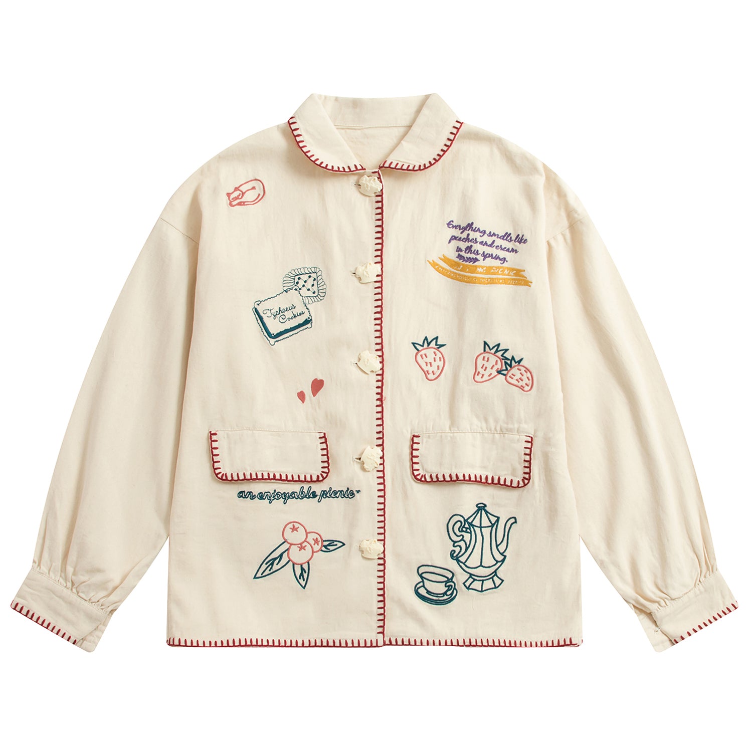 Japanese Strawberry Cat Embroidered Double Pocket Jacket - in use