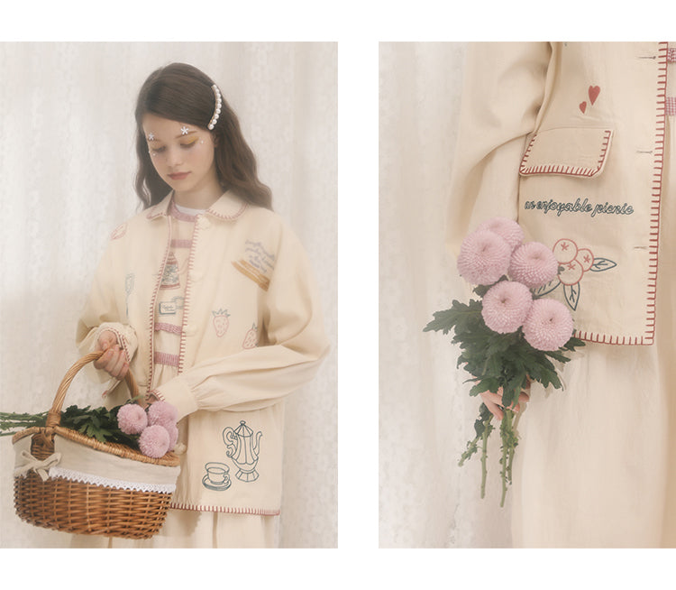 Japanese Strawberry Cat Embroidered Double Pocket Jacket - back view