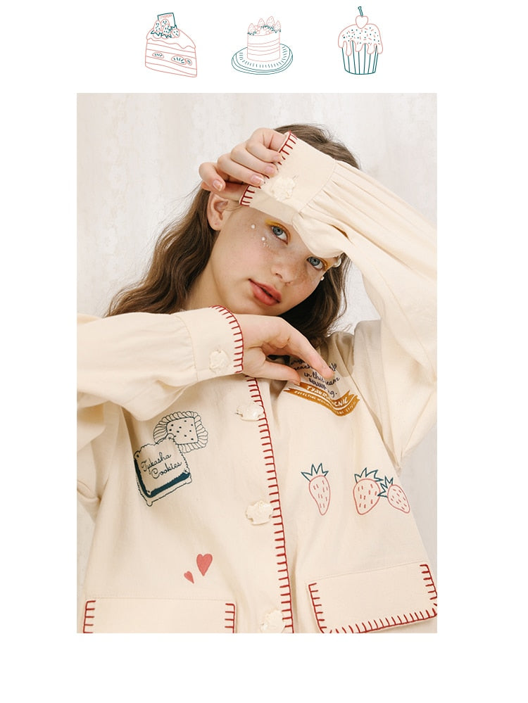 Japanese Strawberry Cat Embroidered Double Pocket Jacket - styled view