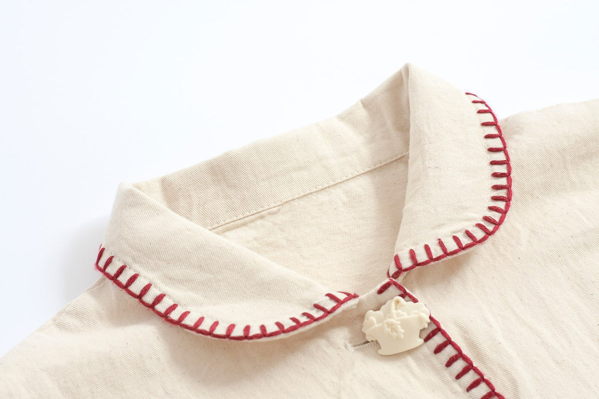 Japanese Strawberry Cat Embroidered Double Pocket Jacket - detail view