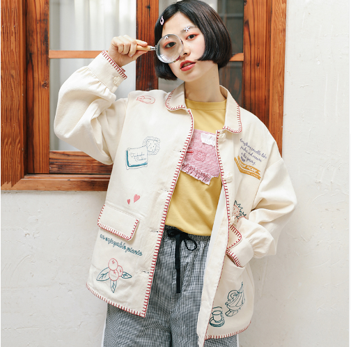 Japanese Strawberry Cat Embroidered Double Pocket Jacket - packaging view