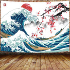 Japanese Wave Tapestry - Red Sun and Cherry Blossom Wall Hanging for Bedroom, 60x40 Inch - detail view