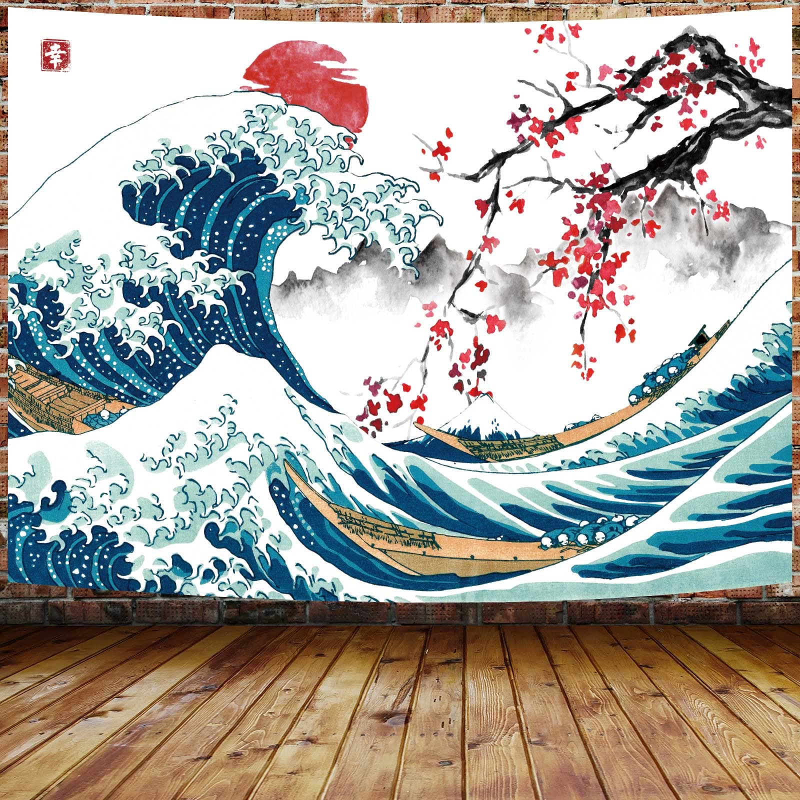 Japanese Wave Tapestry - Red Sun and Cherry Blossom Wall Hanging for Bedroom, 60x40 Inch - detail view
