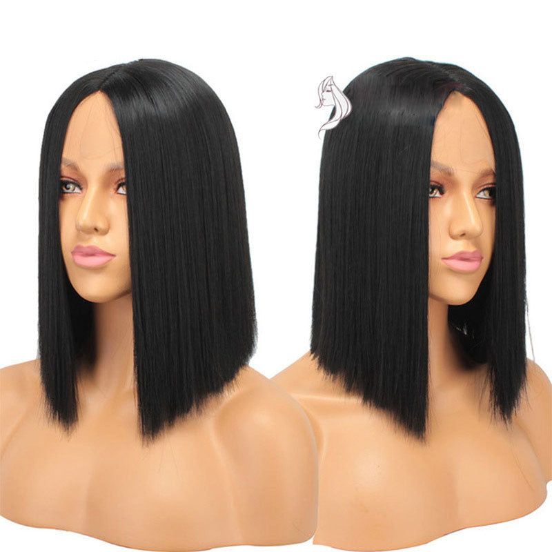 Ladies Black Short Straight Hair Lace Wig - front view