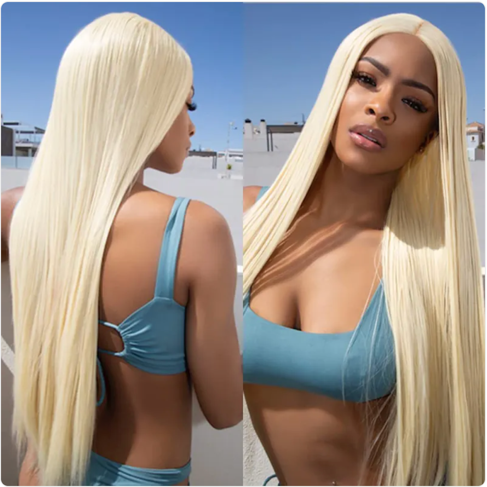 Light Golden Long Straight Synthetic Lace Wig - front view
