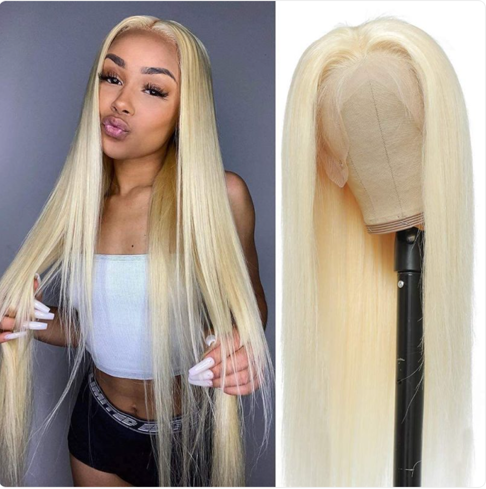 Light Golden Long Straight Synthetic Lace Wig - in use