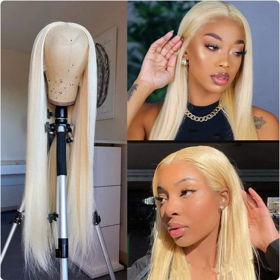 Light Golden Long Straight Synthetic Lace Wig - detail view
