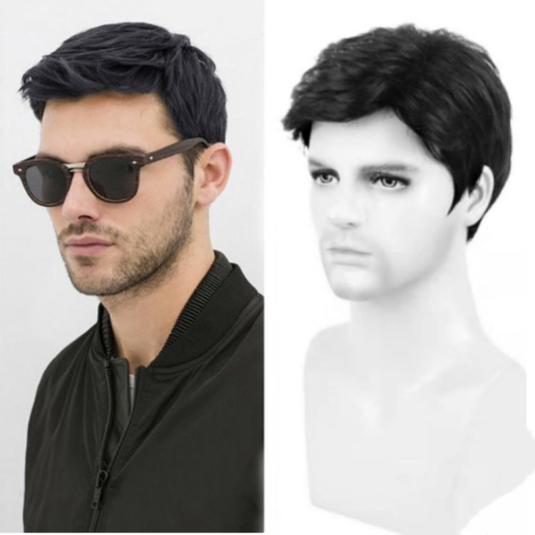 Men's Short Black Rose Chemical Fiber Wig - detail view