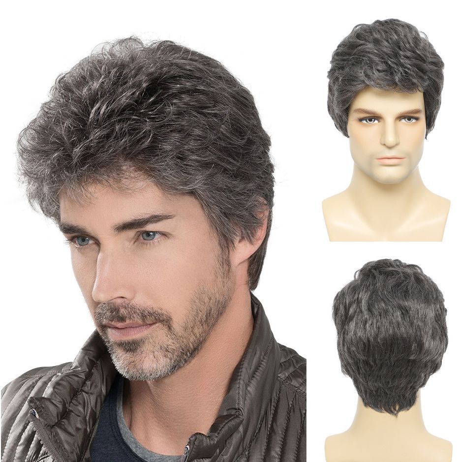 Men's Short Gray Layered Synthetic Wig - back view