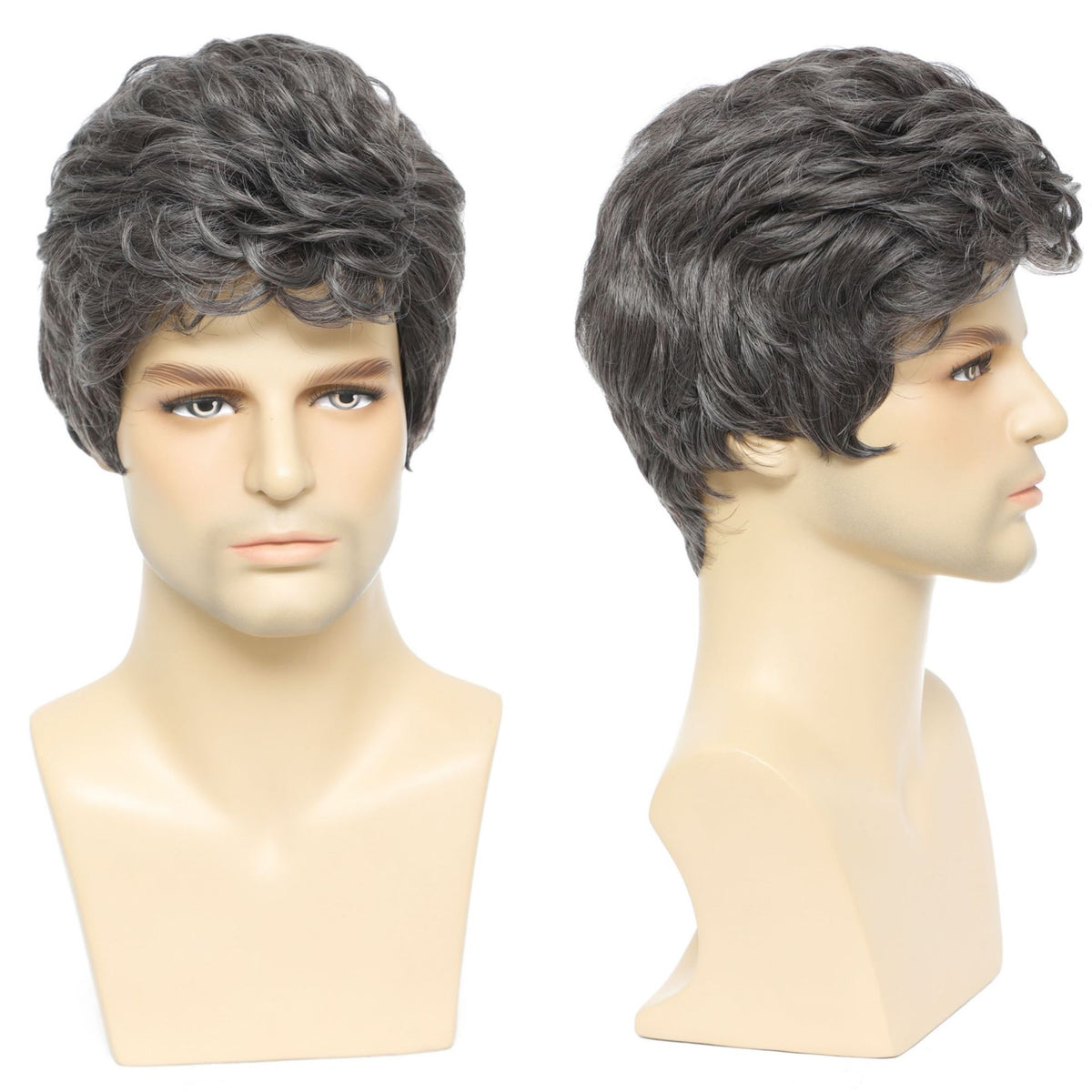 Men's Short Gray Layered Synthetic Wig - styled view