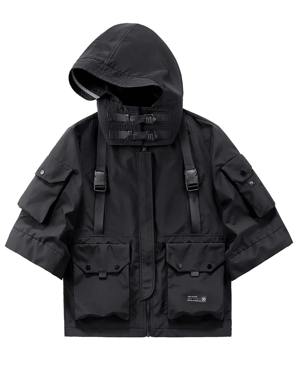 Niepce Inc Japanese Streetwear Techwear Men’s 3/4 Sleeve Jacket with Hood (Black1 Large) - front view