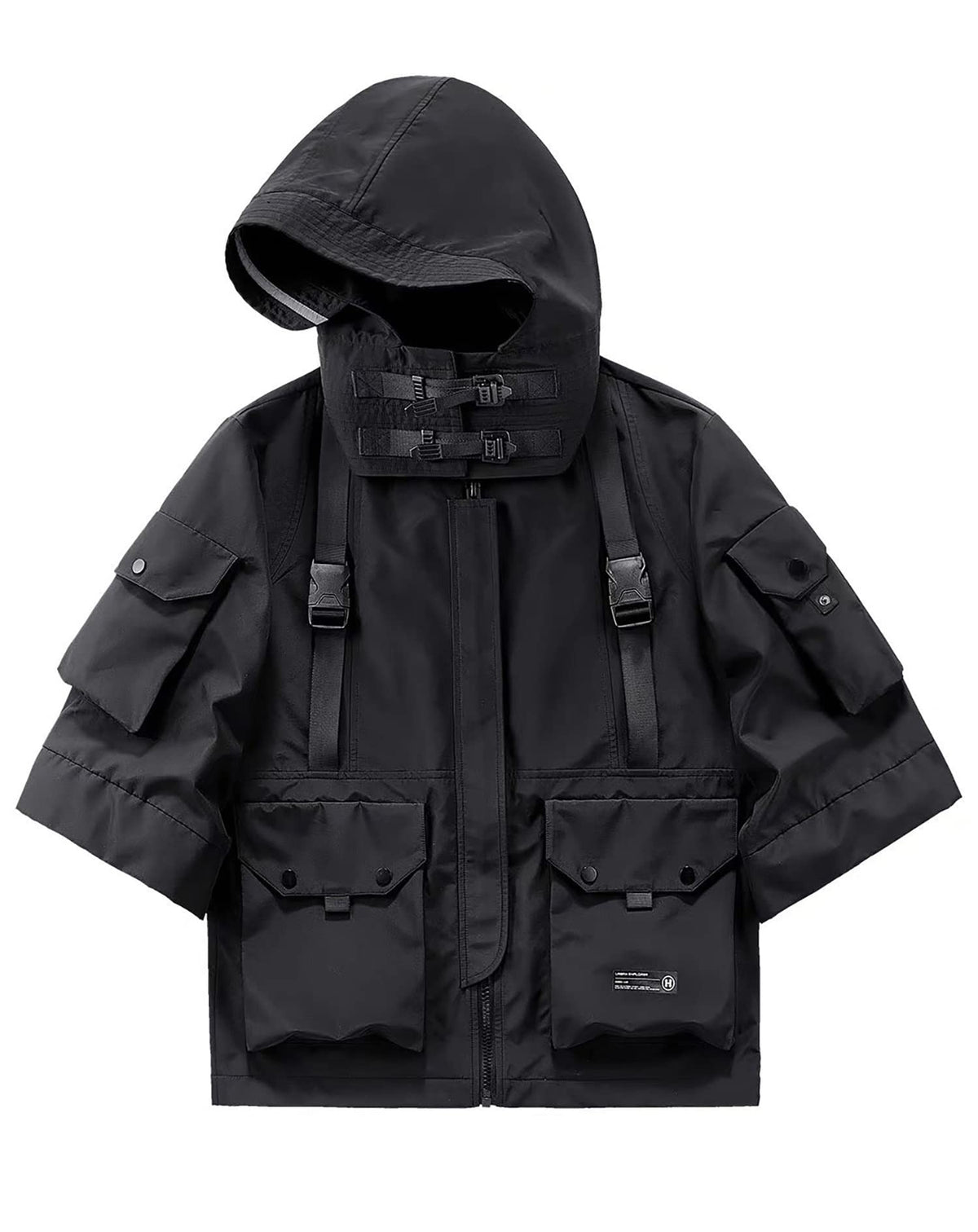 Niepce Inc Japanese Streetwear Techwear Men’s 3/4 Sleeve Jacket with Hood (Black1 Large) - front view