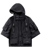 Niepce Inc Japanese Streetwear Techwear Men’s 3/4 Sleeve Jacket with Hood (Black1 Large) - front view