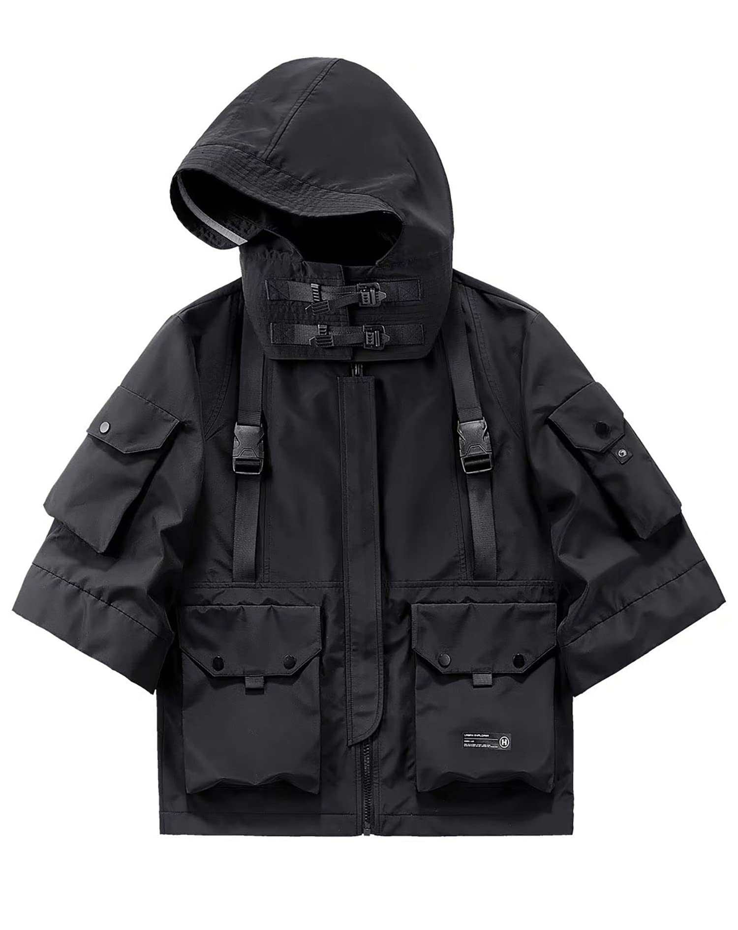 Niepce Inc Japanese Streetwear Techwear Men’s 3/4 Sleeve Jacket with Hood (Black1 Large) - front view