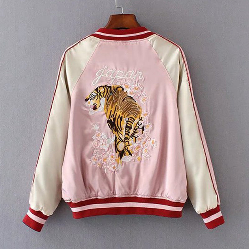 Reversible Tiger Mount Fuji Embroidered Jacket for Women - close-up