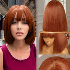 Short Bob Lace Wig with Bangs - Human Hair 180% Density Middle Part, Ginger 14 Inch - front view