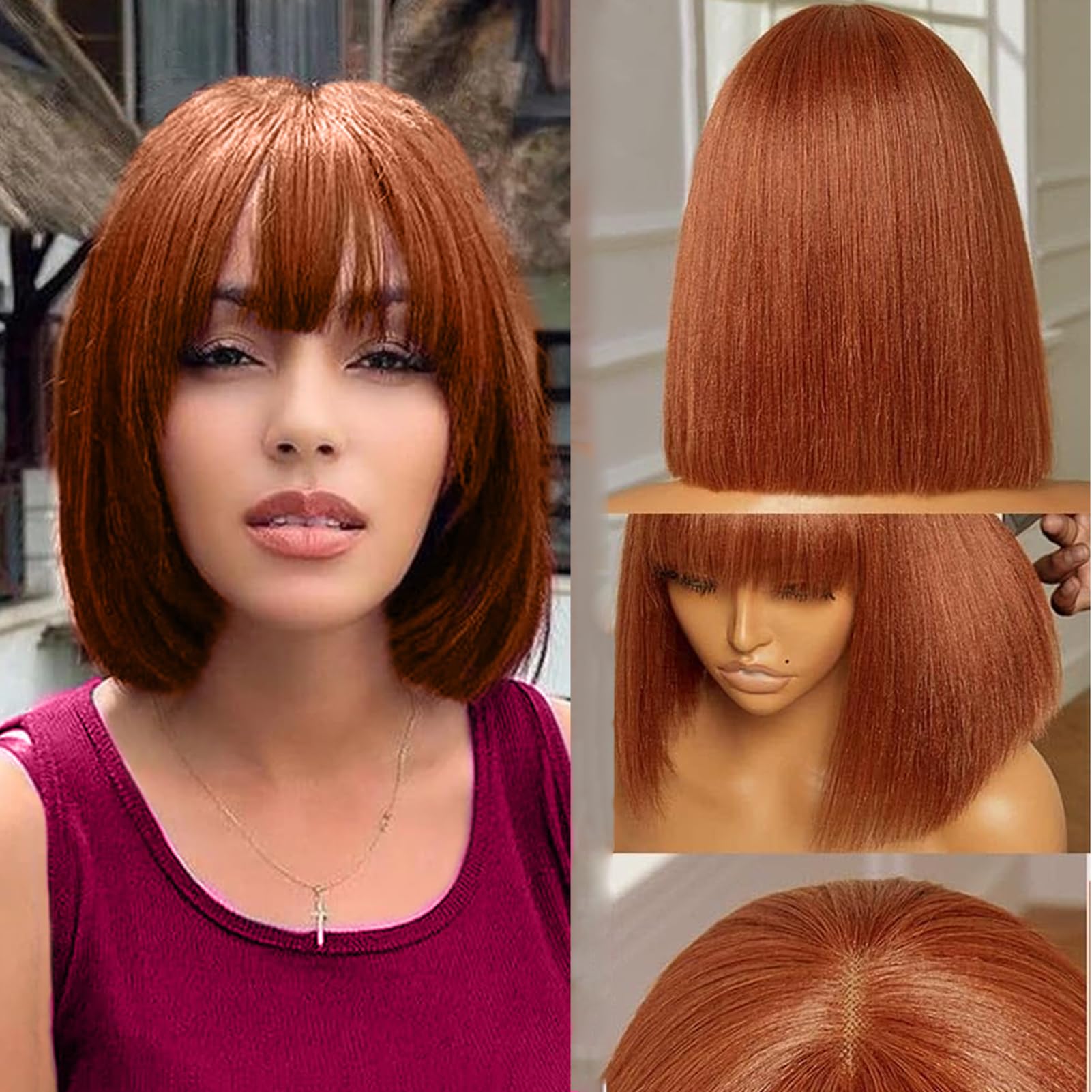 Short Bob Lace Wig with Bangs - Human Hair 180% Density Middle Part, Ginger 14 Inch - front view