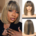 Short Bob Wig with Bangs - Honey Blonde Highlight Human Hair, Glueless Wear and Go, 10 - back view