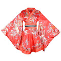 Short Kimono Dress - Japanese Geisha Yukata Costume with Obi Belt, Red Blossom Print - front view